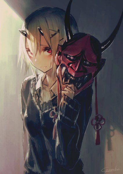 Anime picture 900x1271 with original garuku single tall image looking at viewer blush fringe short hair hair between eyes red eyes standing holding payot white hair long sleeves horn (horns) light smile shadow oni horns girl