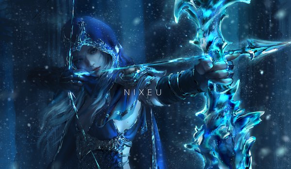 Anime picture 1600x933 with league of legends ashe (league of legends) nixeu single long hair blue eyes wide image standing holding signed looking away upper body outdoors head tilt lips grey hair realistic snowing fighting stance glowing weapon