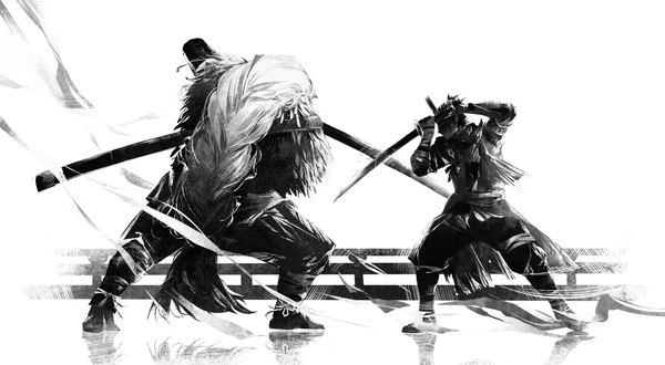 Anime picture 2014x1108 with sekiro: shadows die twice from software sekiro great shinobi owl megasus highres simple background wide image white background holding full body very long hair multiple boys monochrome battle boy weapon sword katana 2 boys