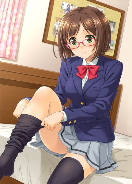 Anime picture 863x1200 with idolmaster idolmaster cinderella girls maekawa miku hida tatsuo single tall image short hair light erotic smile brown hair green eyes girl thighhighs skirt uniform black thighhighs school uniform miniskirt glasses bed