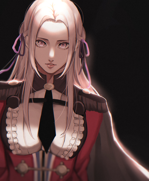 Anime picture 2201x2672 with fire emblem fire emblem: three houses nintendo edelgard von hresvelg watayumi leo single long hair tall image looking at viewer fringe highres simple background payot upper body white hair parted lips pink eyes blurry black background anaglyph