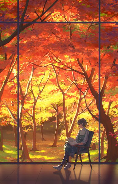 Anime picture 768x1200 with original hiko (scape) single tall image fringe short hair brown hair sitting holding looking away full body bent knee (knees) indoors long sleeves profile shadow autumn reading girl dress