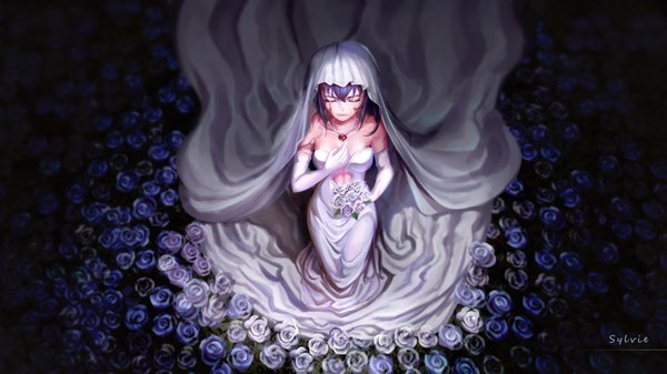 Anime picture 2000x1125 with dorei to no seikatsu ~teaching feeling~ sylvie (dorei to no seikatsu) ushas single long hair highres wide image blue hair eyes closed scar girl dress gloves flower (flowers) elbow gloves white gloves pendant bouquet wedding dress wedding veil