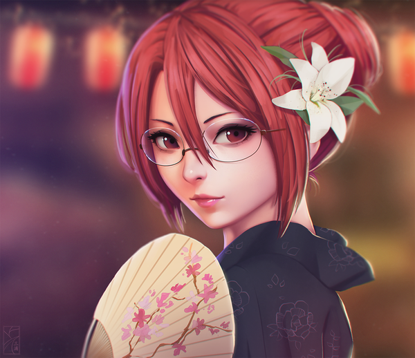 Anime picture 1280x1104 with kara no kyoukai type-moon aozaki touko miura-n315 single looking at viewer fringe short hair hair between eyes red eyes payot red hair traditional clothes japanese clothes hair flower light smile lips blurry depth of field lipstick