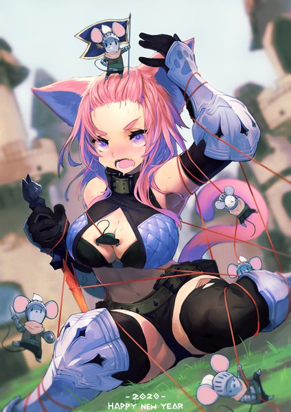 Anime picture 868x1228 with original halfway single long hair tall image looking at viewer blush breasts open mouth light erotic large breasts sitting purple eyes animal ears pink hair outdoors tail animal tail cat ears cat girl