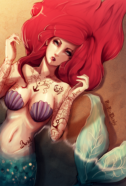 Anime picture 812x1200 with the little mermaid disney ariel rinrindaishi single long hair tall image breasts light erotic signed red hair lying on back grey eyes tattoo piercing sand girl navel mermaid