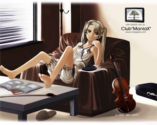 Anime picture 1280x1024 with gunslinger girl madhouse club maniax triela aida yuu single long hair fringe twintails looking away full body indoors barefoot grey hair hair over one eye soles shoes removed girl shoes window