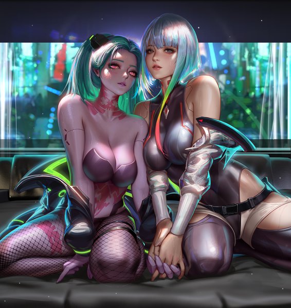 Anime picture 3000x3179 with cyberpunk edgerunners studio trigger lucy (cyberpunk) rebecca (cyberpunk) liang xing long hair tall image looking at viewer fringe highres breasts light erotic large breasts sitting twintails multiple girls yellow eyes silver hair bent knee (knees) indoors