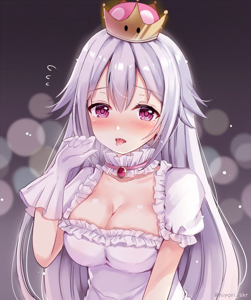 Anime picture 827x986 with super mario bros. new super mario bros. u deluxe princess king boo sakura hiyori single long hair tall image looking at viewer fringe breasts open mouth light erotic simple background hair between eyes large breasts purple eyes payot cleavage silver hair upper body