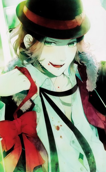 Anime picture 1063x1713 with diabolik lovers idea factory sakamaki raito single tall image looking at viewer short hair open mouth smile green eyes vampire boy bow ribbon (ribbons) hat