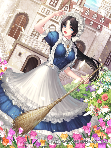 Anime picture 724x964 with original garam single long hair tall image looking at viewer blue eyes black hair maid girl dress uniform flower (flowers) bonnet broom