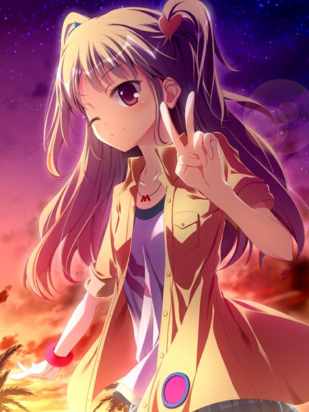 Anime picture 600x800 with aikatsu! mac-kine single long hair tall image smile red eyes brown hair sky cloud (clouds) one eye closed wink evening victory sunset girl shirt