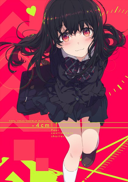 Anime picture 2866x4096 with original ogipote single long hair tall image fringe highres black hair smile red eyes pleated skirt leaning leaning forward thighs text red background english :3 girl skirt