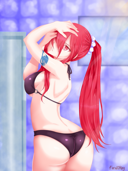 Anime picture 2500x3334 with fairy tail erza scarlet facu10mag single long hair tall image fringe highres light erotic ponytail red hair pink eyes looking back hair over one eye tattoo coloring girl swimsuit bikini scrunchie