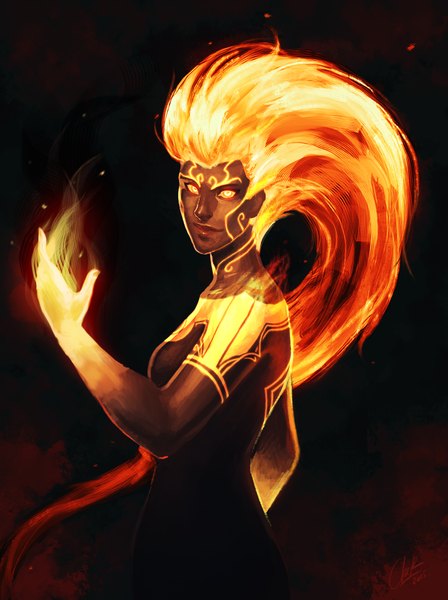 Anime picture 800x1070 with smite (game) cher chen single long hair tall image looking at viewer simple background signed upper body orange hair orange eyes turning head dark skin dark background 2015 girl flame