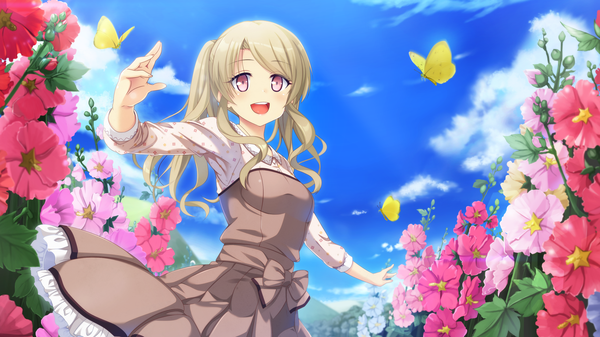 Anime picture 2560x1440 with kanojo step serizawa kuon long hair blush highres open mouth blonde hair wide image game cg sky cloud (clouds) pink eyes girl dress flower (flowers) insect butterfly