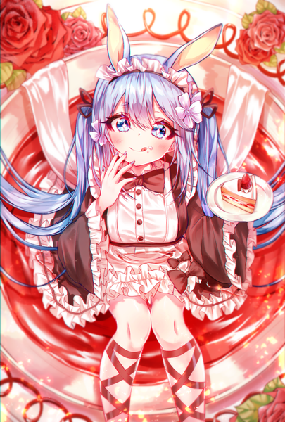 Anime picture 1433x2122 with vocaloid hatsune miku iop5509 single long hair tall image looking at viewer blush fringe blue eyes hair between eyes sitting twintails animal ears nail polish hair flower from above blurry wide sleeves maid