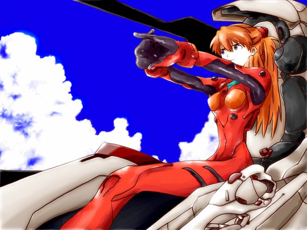 Anime picture 1024x768 with neon genesis evangelion gainax soryu asuka langley long hair blue eyes sky cloud (clouds) red hair stretch pilot suit entry plug