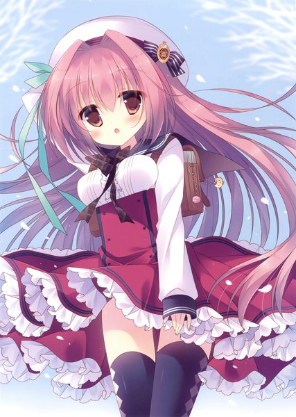Anime picture 2489x3500 with original sumii single long hair tall image looking at viewer blush highres open mouth brown eyes pink hair scan official art girl thighhighs dress black thighhighs petals beret