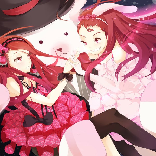 Anime picture 1122x1123 with idolmaster minase iori long hair tall image smile red eyes bare shoulders ahoge red hair holding hands dual persona girl thighhighs dress bow black thighhighs hat hairband teddy bear