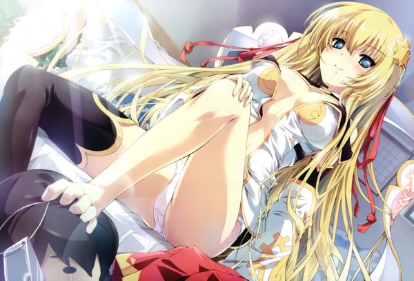 Anime picture 6601x4497 with mizunezumi long hair blush highres breasts blue eyes light erotic blonde hair absurdres barefoot open clothes trample girl thighhighs underwear panties ribbon (ribbons) black thighhighs hair ribbon footstool