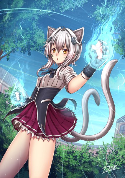 Anime picture 1240x1754 with highschool dxd toujou koneko adsouto single tall image looking at viewer blush fringe short hair breasts open mouth hair between eyes standing signed animal ears yellow eyes payot sky silver hair ahoge