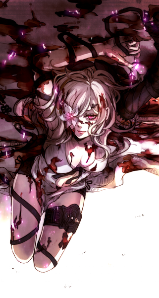 Anime picture 976x1824 with drakengard zero (drag-on dragoon) roukaku17 single long hair tall image looking at viewer fringe breasts light erotic red eyes large breasts bent knee (knees) white hair lying hair over one eye arms up armpit (armpits) on back pale skin