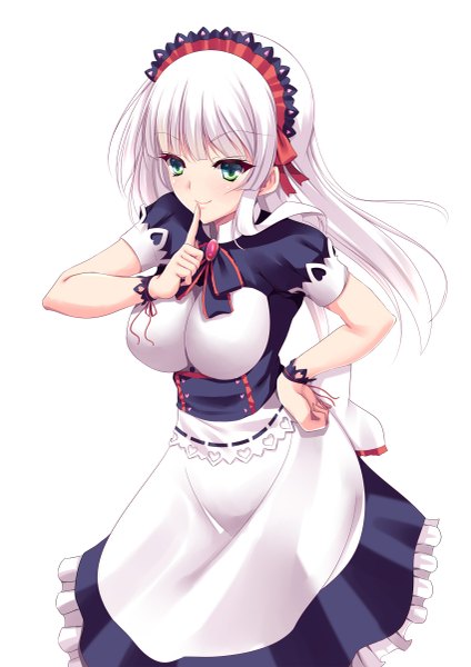 Anime picture 849x1200 with original yappen single long hair tall image blush simple background smile white background green eyes white hair maid finger to mouth girl dress uniform headdress maid headdress