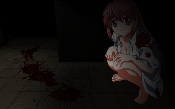 Anime picture 1440x900 with elfen lied arms corporation lucy single long hair looking at viewer open mouth light erotic wide image sitting pink hair pink eyes barefoot horn (horns) open clothes bare legs open shirt squat knees touching girl