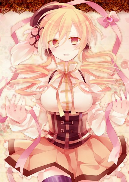 Anime picture 571x800 with mahou shoujo madoka magica shaft (studio) tomoe mami ibara riato single long hair tall image looking at viewer fringe breasts blonde hair smile twintails ahoge long sleeves head tilt pleated skirt orange eyes zettai ryouiki puffy sleeves
