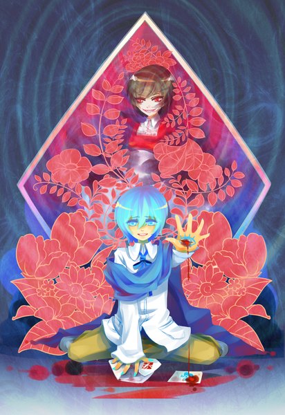 Anime picture 1500x2180 with vocaloid kaito (vocaloid) meiko red13 (pixiv) tall image short hair blue eyes smile red eyes brown hair blue hair nail polish eyes girl boy flower (flowers) blood card (cards)