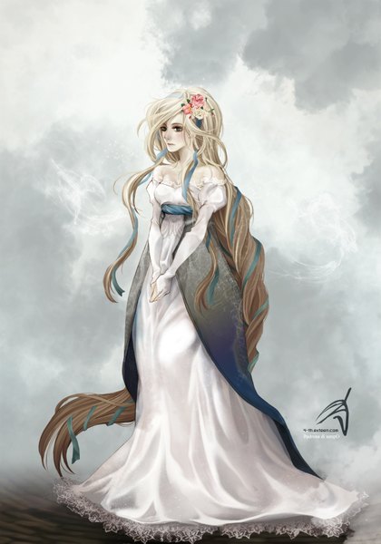Anime picture 1173x1677 with 4-th (artist) single long hair tall image blonde hair standing sky cloud (clouds) very long hair hair flower grey eyes girl dress hair ornament ribbon (ribbons) hair ribbon white dress