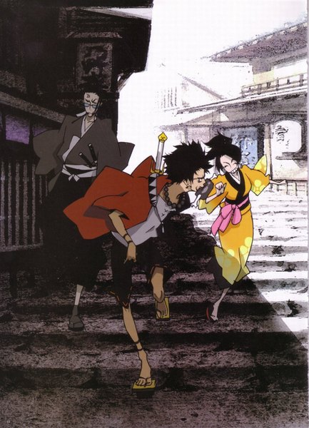 Anime picture 1000x1384 with samurai champloo mugen (samurai champloo) jinnosuke fuu (samurai champloo) tall image short hair black hair eyes closed traditional clothes japanese clothes multiple boys tattoo girl boy weapon shirt sword glasses shorts kimono