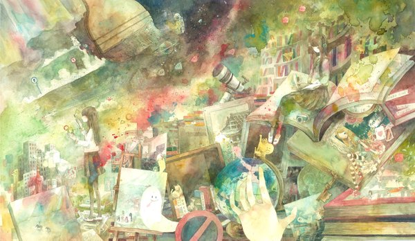 Anime picture 2716x1577 with original wayukako long hair highres brown hair wide image city ghost space traditional media watercolor (medium) girl heart headphones book (books) child (children) card (cards) planet hands paintbrush