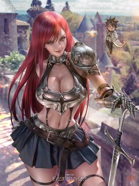 Anime picture 3000x4000 with fairy tail erza scarlet gray fullbuster yam spectrum long hair tall image looking at viewer fringe highres short hair breasts light erotic black hair smile hair between eyes large breasts standing signed cleavage cloud (clouds)