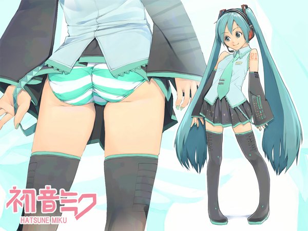 Anime picture 1024x768 with vocaloid hatsune miku akimbo (artist) long hair light erotic twintails ass aqua hair zettai ryouiki close-up striped girl thighhighs skirt underwear panties detached sleeves necktie microphone striped panties