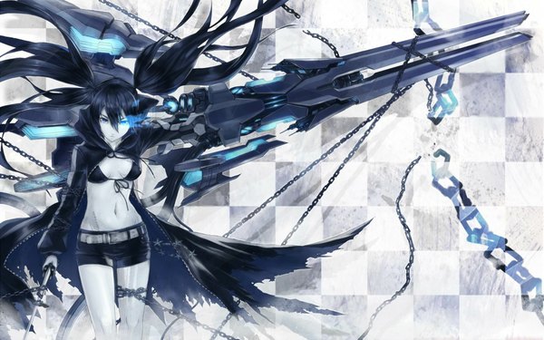 Anime picture 1920x1200 with black rock shooter black rock shooter (character) 2d (artist) single long hair looking at viewer highres blue eyes black hair wide image twintails wind shadow torn clothes scar pale skin checkered background girl navel weapon
