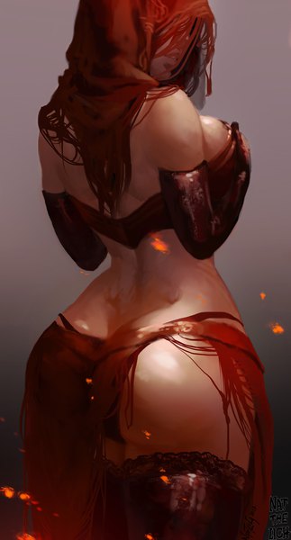 Anime picture 1890x3508 with dark souls (series) dark souls 2 from software desert sorceress nat the lich single long hair tall image highres breasts light erotic simple background brown hair large breasts standing bare shoulders signed ass parted lips looking back