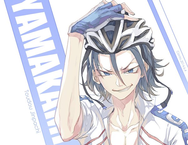 Anime picture 924x715 with yowamushi pedal toudou jinpachi canto single looking at viewer blue eyes smile signed blue hair character names dated hand on head messy hair boy gloves uniform fingerless gloves headband gym uniform helmet