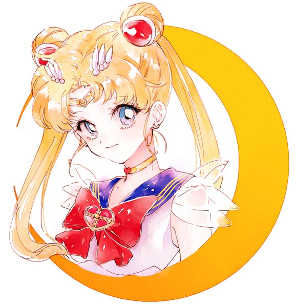Anime picture 795x820 with bishoujo senshi sailor moon toei animation tsukino usagi sailor moon ahma single long hair tall image fringe blue eyes simple background blonde hair white background twintails looking away upper body light smile hair bun (hair buns) portrait girl