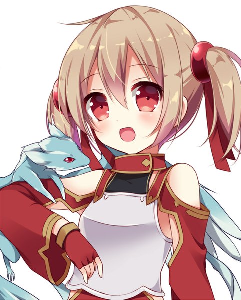 Anime picture 700x868 with sword art online a-1 pictures silica pina (sao) hoshi (snacherubi) tall image looking at viewer blush open mouth simple background red eyes brown hair white background bare shoulders upper body long sleeves :d wide sleeves loli fantasy