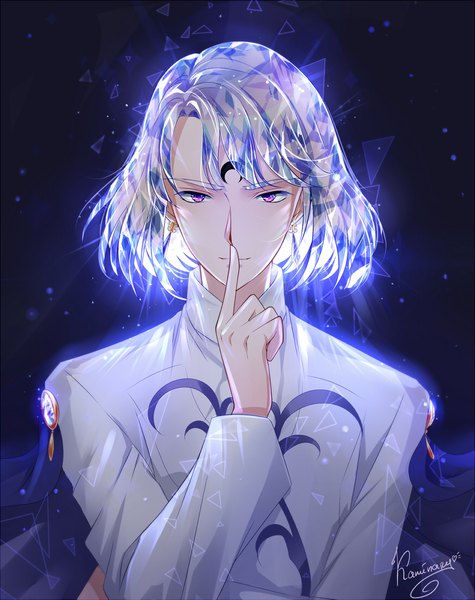 Anime picture 871x1100 with bishoujo senshi sailor moon houseki no kuni toei animation prince diamond kaminary single tall image looking at viewer fringe short hair purple eyes signed silver hair upper body finger to mouth portrait dark background forehead mark parody boy