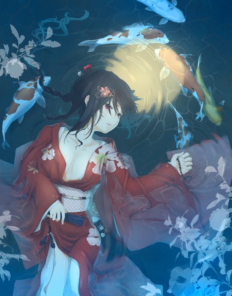 Anime picture 1237x1575 with original miso ni single long hair tall image light erotic black hair red eyes lying japanese clothes girl hair ornament kimono obi fish (fishes)