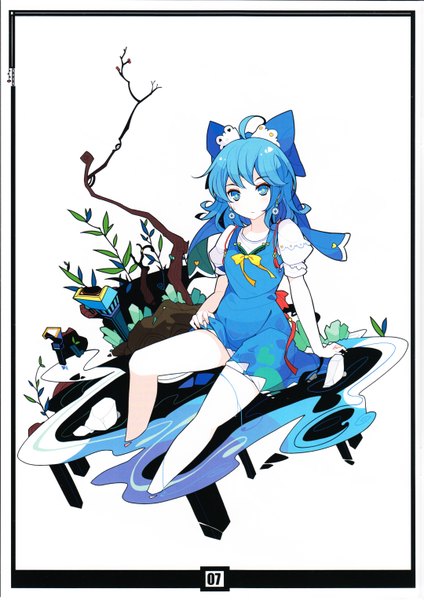Anime picture 4320x6112 with touhou cirno ideolo single tall image looking at viewer blush highres short hair blue eyes white background sitting blue hair absurdres ahoge scan girl dress bow hair bow