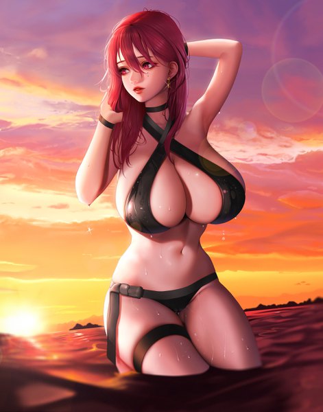 Anime picture 2000x2545 with last origin madan (kkh8936) single long hair tall image fringe highres breasts light erotic hair between eyes red eyes sitting sky cleavage cloud (clouds) outdoors red hair parted lips arm up mole