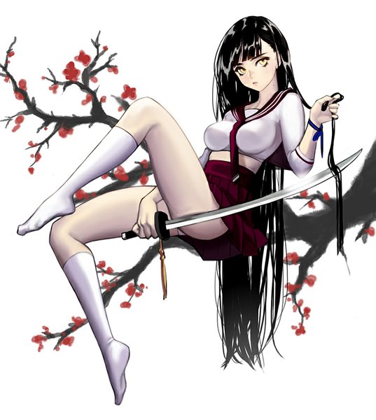 Anime picture 716x800 with original days (artist) single tall image fringe breasts light erotic black hair holding yellow eyes looking away very long hair pleated skirt lips mole pantyshot no shoes eyebrows girl skirt