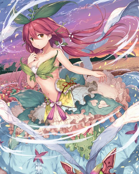Anime picture 1200x1505 with granblue fantasy yggdrasil (granblue fantasy) abusoru long hair tall image looking at viewer breasts light erotic large breasts twintails brown eyes pink hair cloud (clouds) wind bare belly :o low twintails evening sunset girl