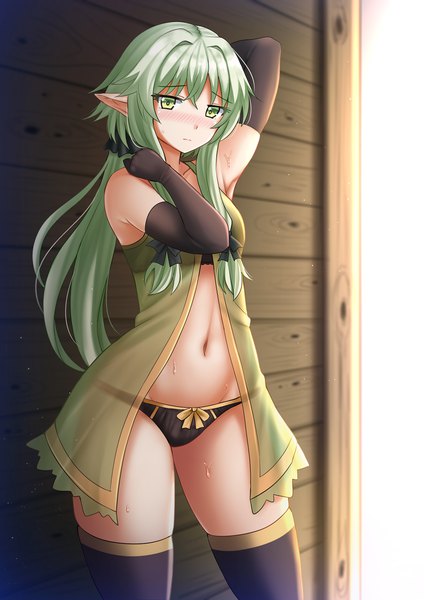 Anime picture 1200x1697 with goblin slayer! high elf archer (goblin slayer!) kazenokaze single long hair tall image looking at viewer blush fringe light erotic hair between eyes standing green eyes payot arm up green hair pointy ears sweat underwear only arm behind head