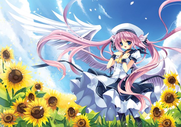 Anime picture 1200x844 with original capura lin single long hair blue eyes twintails pink hair cloud (clouds) loli girl flower (flowers) hat wings sunflower