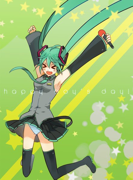 Anime picture 1000x1359 with vocaloid hatsune miku nanjou (sumeragimishiro) single tall image open mouth light erotic twintails eyes closed very long hair nail polish aqua hair inscription armpit (armpits) pantyshot happy spread arms jumping green background > <